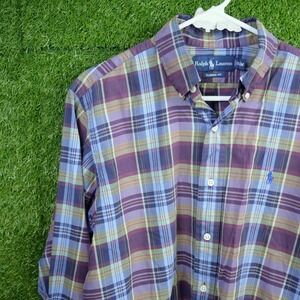 Ralph Lauren Button Down Shirt Purple Plaid Classic Fit - Mens Size M